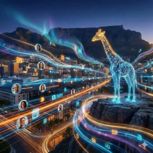 A futuristic nightscape of Cape Town featuring a glowing wireframe giraffe standing on a rock with Table Mountain in the background. Vibrant digital data streams connect a network of diverse professional headshots, symbolizing a high-tech talent ecosystem in South Africa.