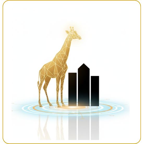 A slender, blue holographic giraffe stands next to a blue company building icon, both connected by a simple, glowing blue circular base, against a white background.