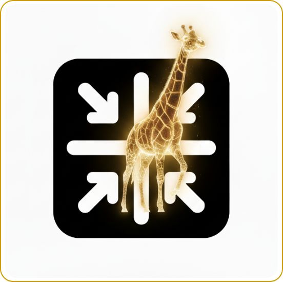A glowing blue holographic giraffe emerging from a black ConnectDevelop (three connected dots) icon, isolated on a white background.