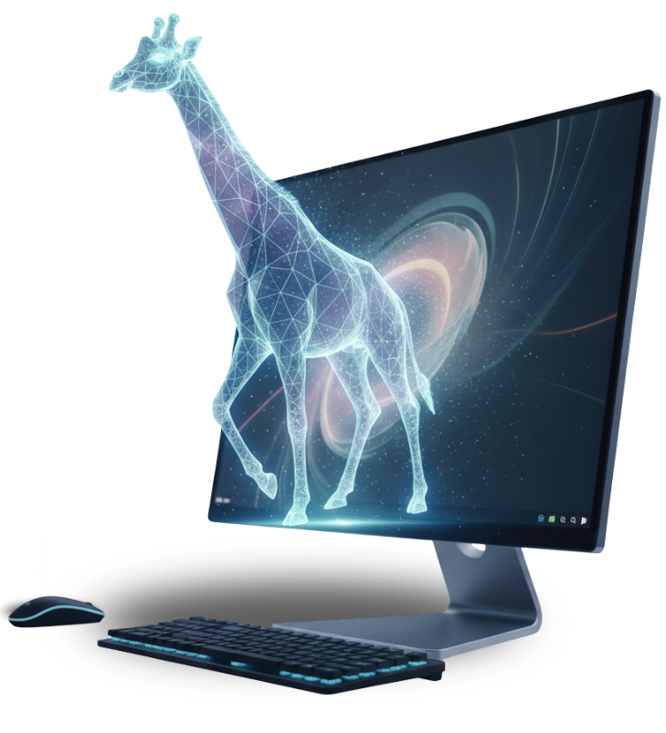 A glowing blue holographic giraffe with a geometric pattern steps out of the screen of a modern laptop, isolated against a white background.