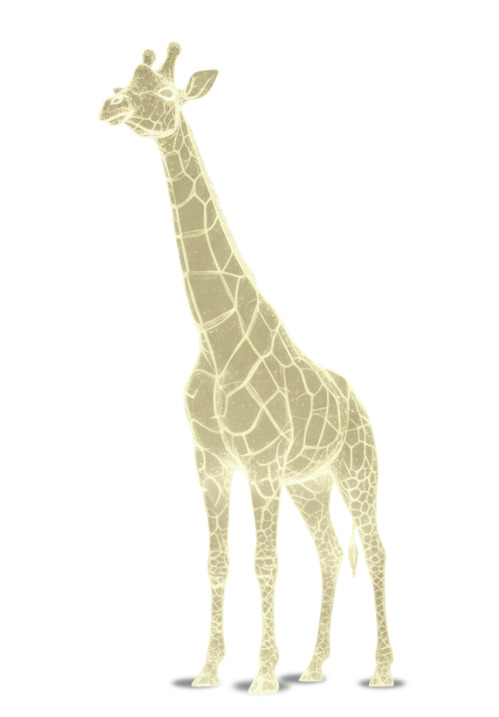 A large, glowing blue holographic giraffe with a geometric pattern.